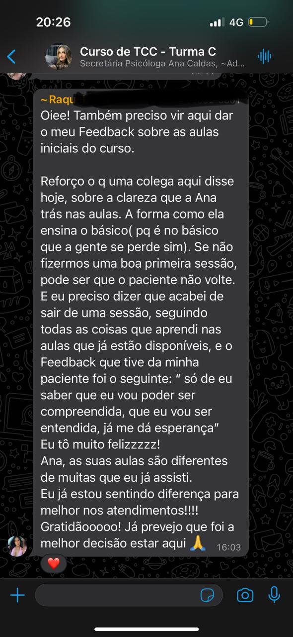 Depoimento sobre clareza nas aulas e feedback de paciente