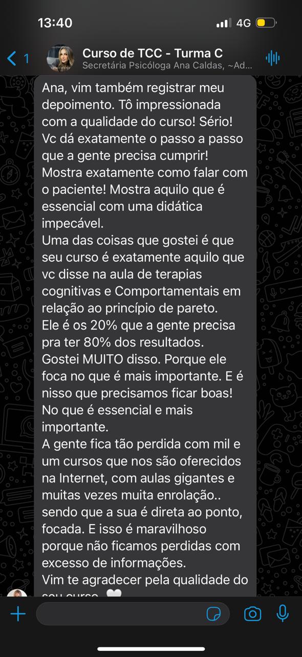 Depoimento sobre qualidade do curso e princípio de Pareto